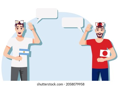 Men with Argentine and Japanese flags. Background for the text. The concept of sports, political, education, travel and business relations between Argentina and Japan. Vector illustration.