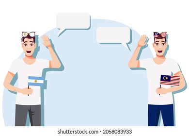 Men with Argentine and Malaysian flags. The concept of international communication, education, sports, travel, business. Dialogue between Argentina and Malaysia. Vector illustration.