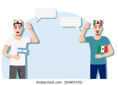 Men with Argentine and Mexican flags. Background for text. Communication between native speakers of Argentina and Mexico. Vector illustration.