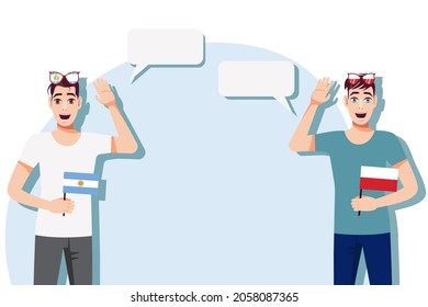 Men with Argentine and Polish flags. Background for the text. The concept of sports, political, education, travel and business relations between Argentina and Poland. Vector illustration.