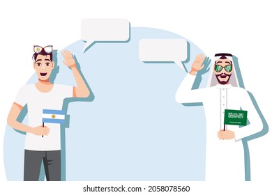 Men with Argentine and Saudi flags. Background for text. Communication between native speakers of Argentina and Saudi Arabia. Vector illustration.