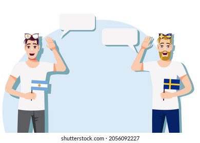 Men with Argentine and Swedish flags. Background for text. Communication between native speakers of Argentina and Sweden. Vector illustration.