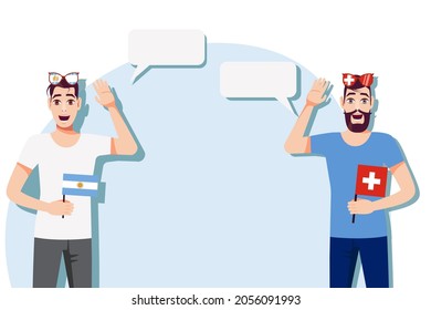 Men with Argentine and Swiss flags. The concept of international communication, education, sports, travel, business. Dialogue between Argentina and Switzerland. Vector illustration.