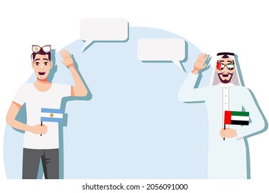 Men with Argentine and UAE flags. Background for text. Communication between native speakers of Argentina and the UAE. Vector illustration.