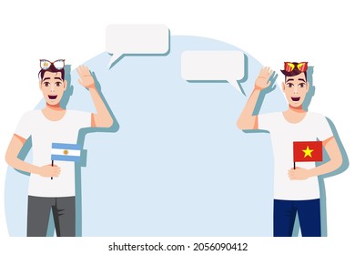 Men with Argentine and Vietnamese flags. Background for text. Communication between native speakers of Argentina and Vietnam. Vector illustration.