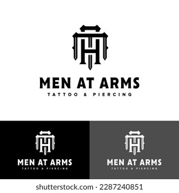 MEN AT ARMS logo can be used for creating businesses for Tattoo and Piercing Studios, MA Initial Brands, Tattoo Ink Marks, Tattoo Supply Stores, and Piercing Accessory Shops.