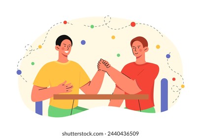 Men with armwrestling concept. Young guys fighting with ecah others. Training and active lifestyle. Powerful sportsman with wrestling. Cartoon flat vector illustration isolated on white background