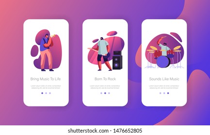 Men Artists Performing on Stage Mobile App Page Onboard Screen Set. Rock Band Playing Musical Instruments Guitar, Trumpet, Drums. Show Concept for Website or Web Page, Cartoon Flat Vector Illustration