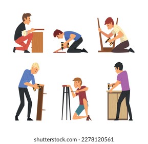 Men assembling furniture set. Male characters making wooden furniture using drill cartoon vector illustration