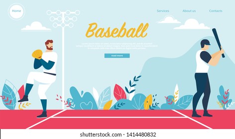 Men Athletes in Uniform Playing Baseball at Championship Competition. Pitcher Throw Ball to Batter Hitter on Stadium. Sports Players in Action, Tournament. Cartoon Flat Vector Illustration, Banner