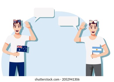 Men with Australian and Argentine flags. Background for text. Communication between native speakers of Australia and Argentina. Vector illustration.