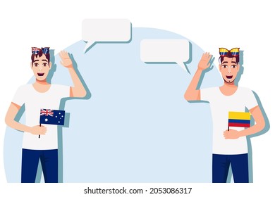 Men with Australian and Colombian flags. Background for the text. Communication between native speakers of the language. Vector illustration.