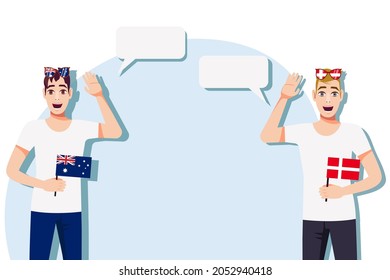 Men with Australian and Danish flags. Background for the text. Communication between native speakers of the language. Vector illustration.