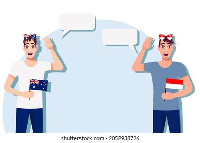 Men with Australian and Indonesian flags. Background for text. Communication between native speakers of Australia and Indonesia. Vector illustration.