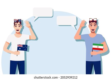 Men with Australian and Iranian  flags. Background for the text. Communication between native speakers of the language. Vector illustration.