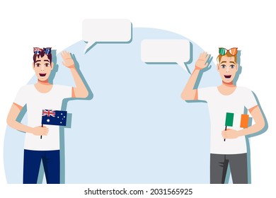 Men with Australian and Irish flags. Background for the text. The concept of sports, political, education, travel and business relations between Australia and Ireland. Vector illustration.