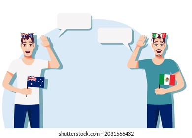 Men with Australian and Mexican flags. The concept of international communication, education, sports, travel, business. Dialogue between Australia and Mexico. Vector illustration.