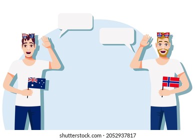 Hombres con banderas australianas y noruegas. Antecedentes del texto. Comunicación entre hablantes nativos de la lengua. Ilustración vectorial.