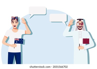 Men with Australian and Qatari flags. Background for text. Communication between native speakers of Australia and Qatar. Vector illustration.