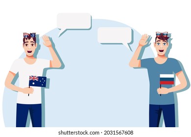 Men with Australian and Russian flags. Background for the text. Communication between native speakers of the language. Vector illustration.
