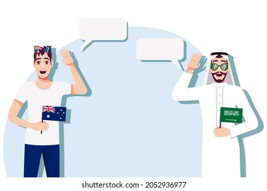 Men with Australian and Saudi flags. The concept of international communication, education, sports, travel, business. Dialogue between Australia and Saudi Arabia. Vector illustration.