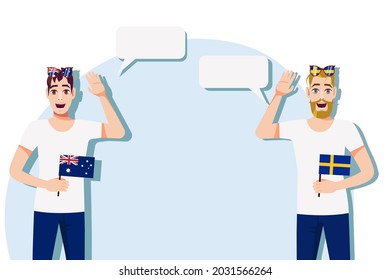 Men with Australian and Swedish flags. Background for text. Communication between native speakers of Australia and Sweden. Vector illustration.