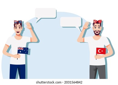 Men with Australian and Turkish flags. The concept of international communication, education, sports, travel, business. Dialogue between Australia and Turkey. Vector illustration.