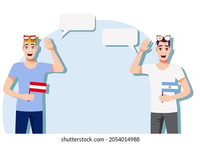 Men with Austrian and Argentine flags. The concept of international communication, education, sports, travel, business. Dialogue between Austria and Argentina. Vector illustration.