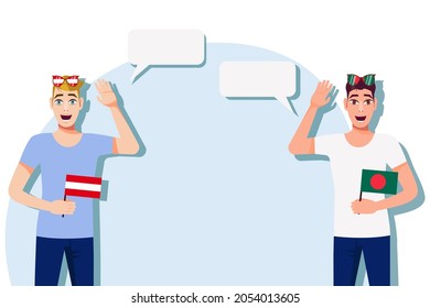 Men with Austrian and Bangladeshi flags. Background for text. Communication between native speakers of Austria and Bangladesh.