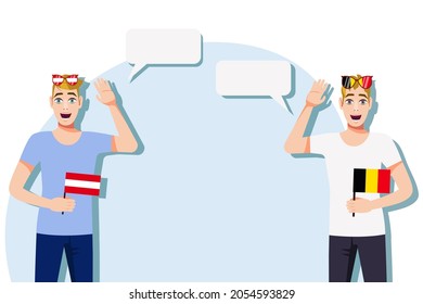 Men with Austrian and Belgian flags. Background for the text. The concept of sports, political, education, travel and business relations between Austria and Belgium. Vector illustration.