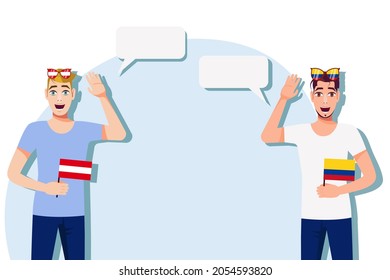 Men with Austrian and Colombian flags. Background for the text. Communication between native speakers of the language. Vector illustration.