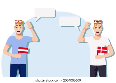 Men with Austrian and Danish flags. The concept of international communication, education, sports, travel, business. Dialogue between Austria and Denmark. Vector illustration.