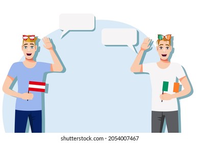 Men with Austrian and Irish flags. The concept of international communication, education, sports, travel, business. Dialogue between Austria and Ireland. Vector illustration.