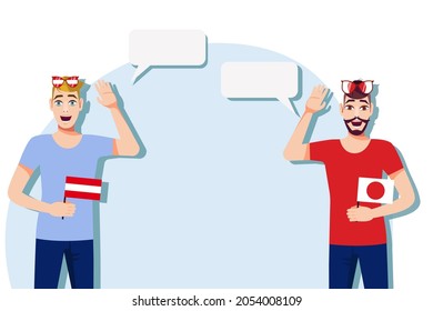 Men with Austrian and Japanese flags. Background for the text. The concept of sports, political, education, travel and business relations between Austria and Japan. Vector illustration.