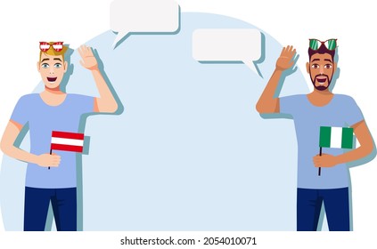 Men with Austrian and Nigerian flags. Background for text. Communication between native speakers of Austria and Nigeria. Vector illustration.