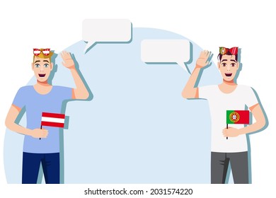 Men with Austrian and Portuguese flags. Background for the text. Communication between native speakers of the language. Vector illustration.