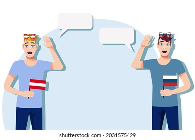 Men with Austrian and Russian flags. Background for the text. The concept of sports, political, education, travel and business relations between Austria and Russia. Vector illustration.