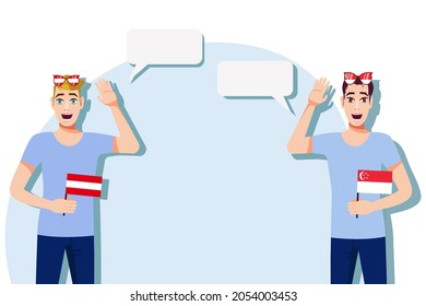 Men with Austrian and Singapore flags. The concept of international communication, education, sports, travel, business. Dialogue between Austria and Singapore. Vector illustration.