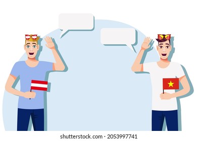 Men with Austrian and Vietnamese flags. Background for the text. Communication between native speakers of the language. Vector illustration.