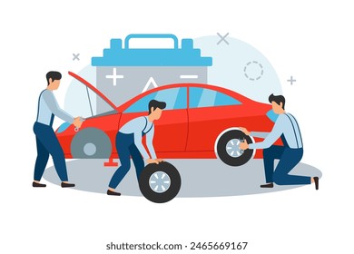 The men in an auto service repair a car, wheels, this is concept composition for a web design