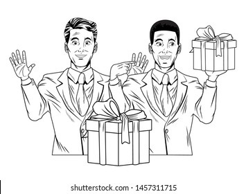 men avatar afro american man wearing suit holding a gift boxes profile picture cartoon character portrait in black and white. vector illustration.
