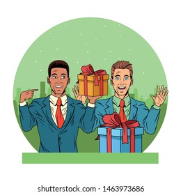 men avatar afroamerican man wearing suit holding a gift boxes profile picture cartoon character portrait with colorful and