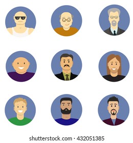  Men avatar icons vector set. People characters in flat style. Design elements isolated on background. Faces with different styles