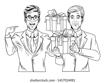 men avatar man with glasses and wearing suit holding a gift boxes profile picture cartoon character portrait in black and white vector illustration graphic design