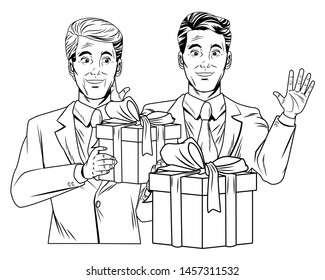 men avatar man with hand up and wearing suit holding a gift boxes. profile picture cartoon character portrait in black and white vector illustration.