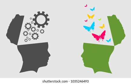 Men avatar profile view. Mental health and ecology concept. Butterflies and gears go out from heads of men.
