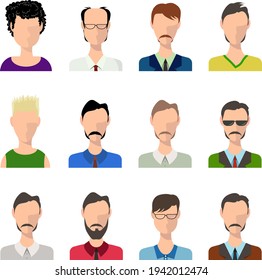 Men avatar set flat vector illustration. Men profiles silhouette with variety of suits and uniform. Avatar portrait with different hair.