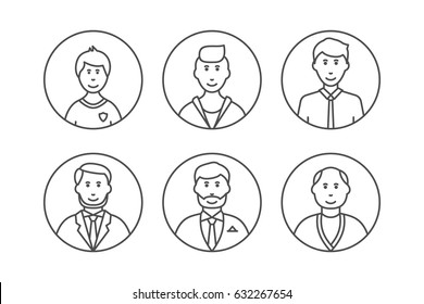 Men avatars concept with different ages isolated on white background in line style by aging: child, teenager, young, adult, old people. People generations.