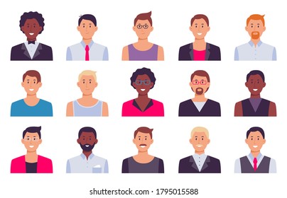 Men avatars. Male set person, collection guy character for social profile, illustration businessman student face, office stuff vector