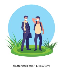 Men avatars with masks outside design of Covid 19 virus theme Vector illustration